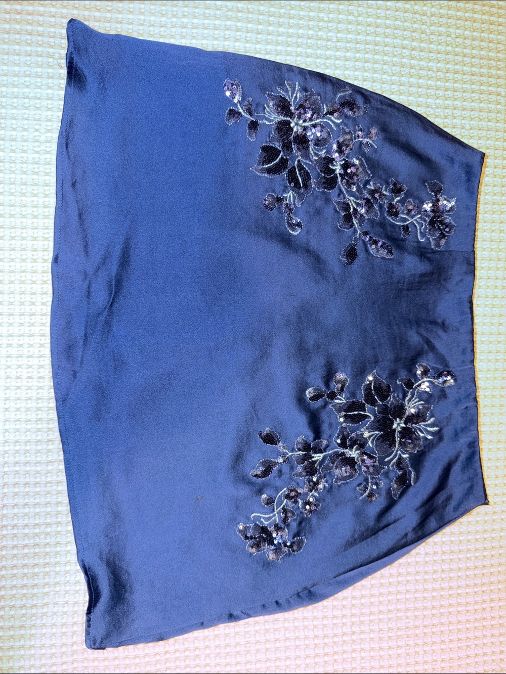 NWOT miami Blue Satin Mini Skirt with Floral Embroidery